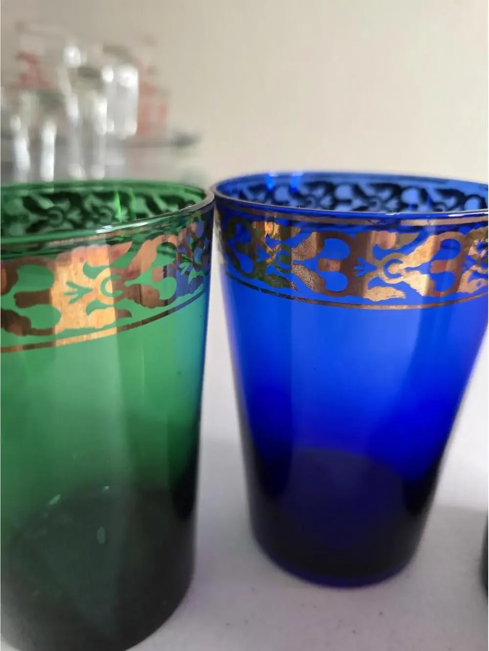 Set of 4 Colorful Vintage Glass Tumblers with Gold Gilded Trim  -16 oz